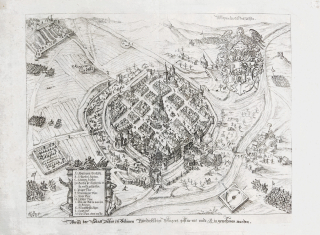 Plzeň – Dobývání Plzně stavovskými vojsky v čele s P. Arnoštem II. Mansfeldem, G. Keller, mědiryt, 1619