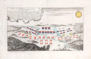 Liberec – Plán bitvy u Reichenbergu 21. dubna 1757, Sedmiletá válka, staře kolorovaný mědiryt, ca 1760