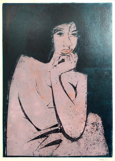 Emler František – Žena, rozměrný barevný linoryt, autorský tisk, 1966