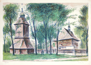 Bouda Cyril – Kostel svatého Mikuláše ve Velinech u Holic, barevná litografie, ca 1950