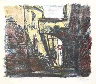 Hejna Václav – Praha, dům V Lázních v Saské ulici, původní barevná litografie, ca 1950
