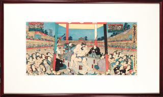 Kunisada II. Utagawa – Představení sumó pro charitu, barevný dřevoryt na papíře, ca 1870