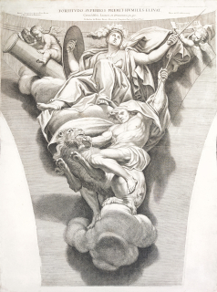 Pò Pietro del – Alegorie statečnosti, Fortitudo superbos premit humiles elevat, původní lept a mědiryt, ca 1650