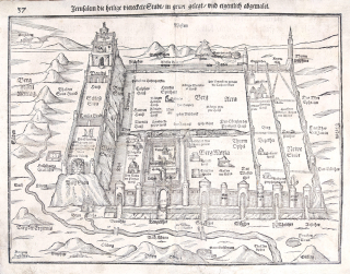 Svatá země – Jerusalem die heilige vierecete Stadt, Heinrich Bünting, původní dřevořez, Basilej, 1600