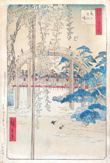 Hiroshige Utagawa – Vistárie u svatyně Kameido Tenjin, 57. list ze série Meisho Edo hyakkei, dřevořez, 1880