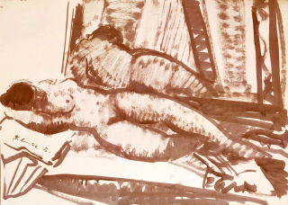 Souček Karel – Ležící akt, rozměrná lavírovaná malba sépiovou tuší, 1980