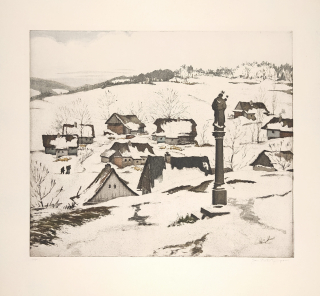Stretti-Zamponi Jaromír – Zimní krajina, barevná akvatinta, autorský tisk, 1910–1920