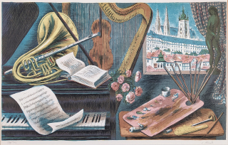 Bouda Cyril – Hudební zátiší, původní barevná litografie, 1974