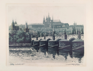 Vaic Josef – Praha, Karlův most, Malá strana a Hradčany, původní tónovaný lept, 1927