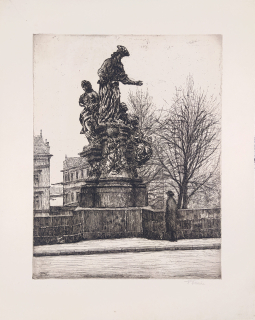 Kobliha František – Praha, Sousoší svatého Iva na Karlově mostě, původní lept, ca 1920