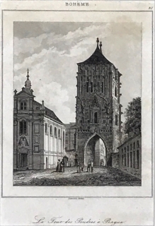 Praha – Prašná brána, původní oceloryt, 1842