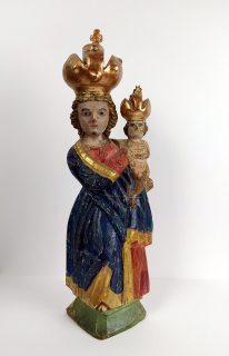 Panna Marie Svatohorská – Lidová socha Panny Marie Příbramské, dřevořezba, polychromie, výška 35 cm, 19. stol.
