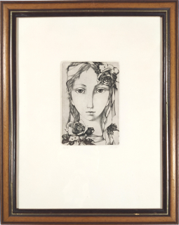 Jiřincová Ludmila – Dívka s růžemi, zrnkový lept s barevným podtiskem, ca 1980