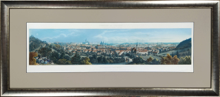 Praha – Panorama Prahy, Morstadt Vincenc, Rybička Josef, staře kolorovaný předleptaný oceloryt, 1852