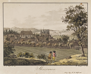 Skřivaň, Pavlíkov – Kostel svatého Štěpána, F. K. Wolf, staře kolorovaný obrysový lept, 1805