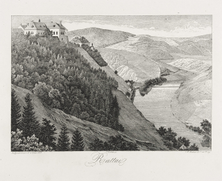 Rataje nad Sázavou – hrad Pirkštejn, F. A. Heber, původní litografie, 1847