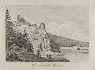 Zbořený Kostelec nad Sázavou – zřícenina hradu, F. A. Heber, původní litografie, 1847
