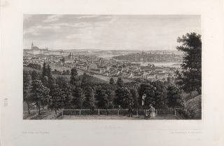 Praha – Pohled na Prahu z Nebozízku, původní oceloryt, 1844