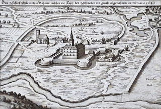 Merian Matthäus – Chlumec nad Cidlinou, původní mědiryt, 1650
