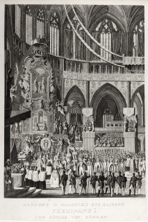 Praha – Korunovace císaře Ferdinanda I. českým králem, Gotlieb Haase, oceloryt, 1840