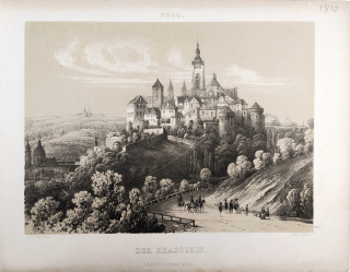 Praha – pohled na Pražský hrad, František Xaver Sandmann, původní litografie, 1860