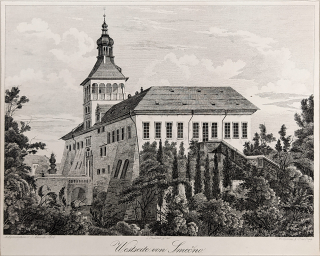 Smečno – pohled na zámek ze západní strany, J. Richter podle J. Malocha, původní litografie, 1846