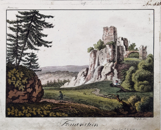 Frauenstein – Sasko, Bergen, staře kolorovaný původní obrysový lept, 1802