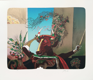 Liesler Josef – Minotaurus se zlobí, velkoformátová barevná litografie, číslováno 27/180, 1995