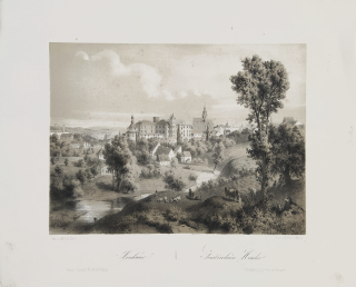 Jindřichův Hradec – August Haun, původní dvoubarevná litografie s podtiskem, 1860