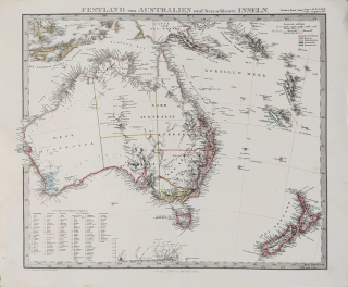Austrálie, Nový Zéland a Oceánie – Adolf Stieler, staře kolorovaný původní mědiryt, 1862