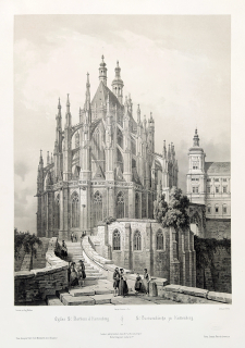 Kutná Hora – Chrám svaté Barbory, I. L. Deroy, původní litografie s podtiskem, velkoformátová veduta, 1850