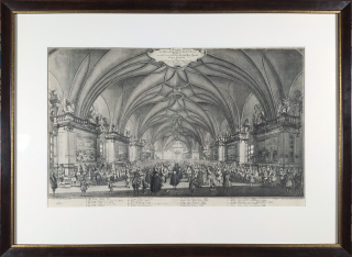 Praha – Vladislavský sál, Korunovace Marie Terezie 1743, původní mědiryt, 1743