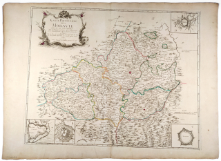 Morava – Johann Christoph Müller, L. G. Le Rouge, staře kolorovaný původní mědiryt, 1742