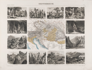 Rakousko – Friedrich Arnold Brockhaus, staře kolorovaný původní oceloryt, ca 1820