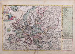 Evropa – Johann Georg Schreiber, staře kolorovaný původní mědiryt, ca 1750