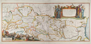 Mapa toku Dunaje od Alp až po Černé moře – Willem Janszoon Blaeu, staře kolorovaný mědiryt, 1635