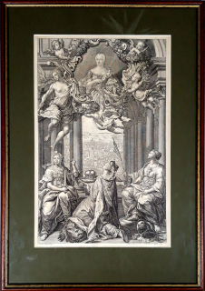 Praha – Portrét Marie Terezie s průhledem na Prahu, původní mědiryt, 1743