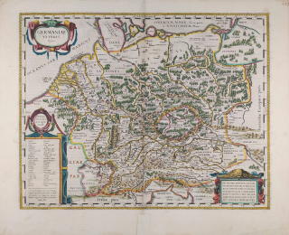 Mapa střední Evropy – Starověká Germánie v dobách Římské říše, Willem Blaeu, staře kolorovaný mědiryt, 1630