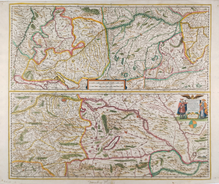 Mapa toku Dunaje ve dvou částech – Johannes Janssonius, staře kolorovaný původní mědiryt, 1635
