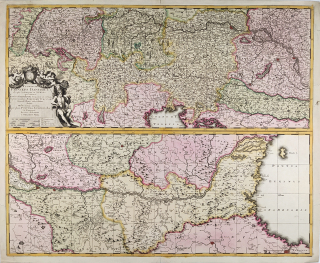 Mapa toku Dunaje ve dvou částech – Gerard Valk, staře kolorovaný původní mědiryt, ca 1700