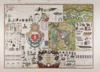 Vojenské inženýrství pro mobilní a obranné dělostřelectvo – J. Fr. Oettinger, staře kolorovaný mědiryt, 1737