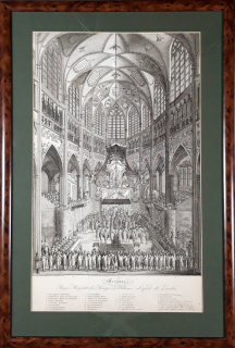 Praha – Korunovace Leopolda II. českým králem v chrámu sv. Víta 1791, původní mědiryt, 1818