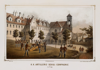 Praha – Kadetní škola pěchoty v Praze, Carl Wilhelm von Doderer, barevná chromolitografie, 1850–1860