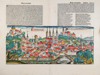 Bamberg, Folium CLXXV – Liber Chronicarum, Hartmann Schedel, staře kolorovaný původní dřevořez, 1493