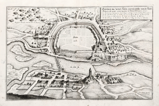 Kolín nad Labem – pohled na město z ptačí perspektivy, Matthäus Merian, původní mědiryt, 1650