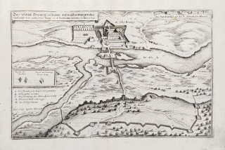 Brandýs nad Labem - pohled na zámek a opevnění města z ptačí perspektivy, M. Merian, mědiryt, 1650
