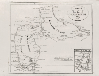 Guadeloupe, zámořský region Francie v Karibském moři – Franz Pluth, původní mědiryt, 1822