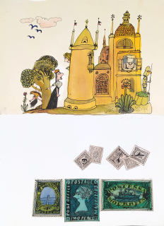 Kabát Václav – Patero pohádek, akvarelem kolorovaná kresba tuší, koláž, 1987