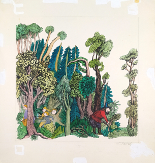 Kabát Václav – Léto na Humřím útesu, ilustrace pro knihu, kolorovaná kresba tuší, 1983