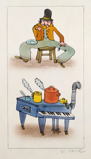 Kabát Václav – Vařící muži, ilustrace pro kalendář na rok 1989, kolorovaná kresba tuší, 1988